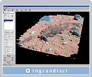 La soluzione grafica NVIDIA Quadro su cui si fonda il software di realtà virtuale Viz della NASA permette di visualizzare questa ricostruzione 3D virtuale del terreno, che mostra una traccia lasciata da uno degli airbag di Spirit. Immagine cortesemente offerta da NASA Ames/JPL/Cornell.