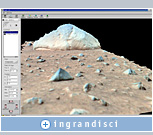 Questa immagine in 3D dell'avvicinamento alla formazione rocciosa Adirondack è stata generata utilizzando il software di realtà virtuale Viz di NASA Ames e soluzioni grafiche NVIDIA Quadro. L'utensile di abrasione per le formazioni rocciose di Spirit verrà utilizzato per spianare un'area della roccia in vista di un suo esame più attento con il Microscopic Imager. Immagine cortesemente offerta da NASA Ames/JPL/Cornell.